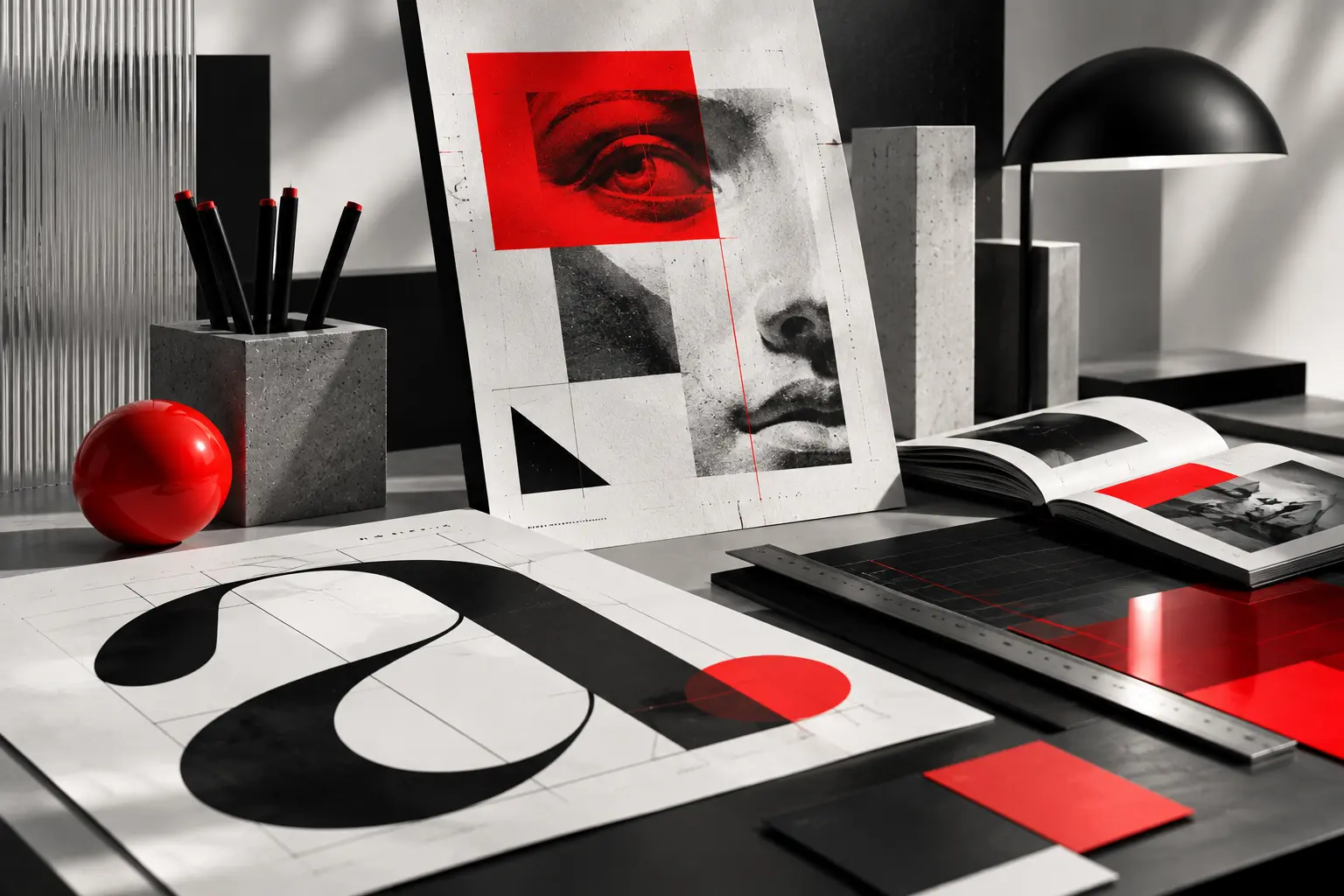 Estudio creativo con acentos rojos