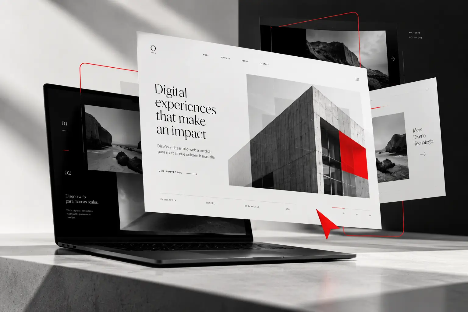 Maqueta web minimalista con acentos rojos